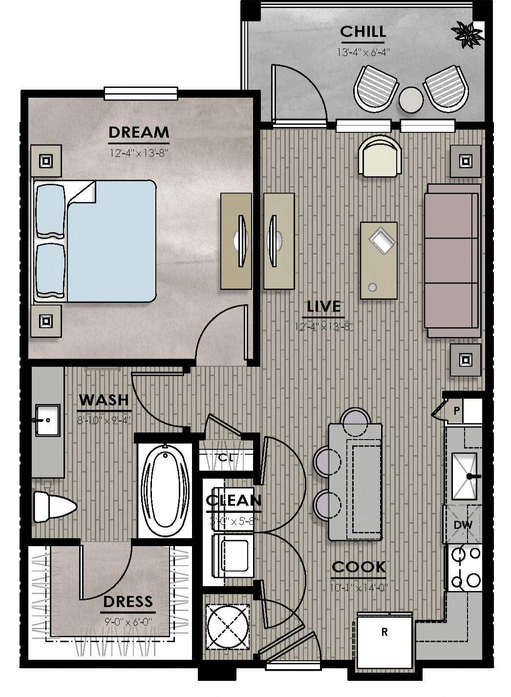 Floor plan for 1 bed, 1 bath, 755 sqft